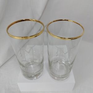 Tall Monogrammed Drinking‎ Glasses Letter "M" Gold Rim Set Of 2